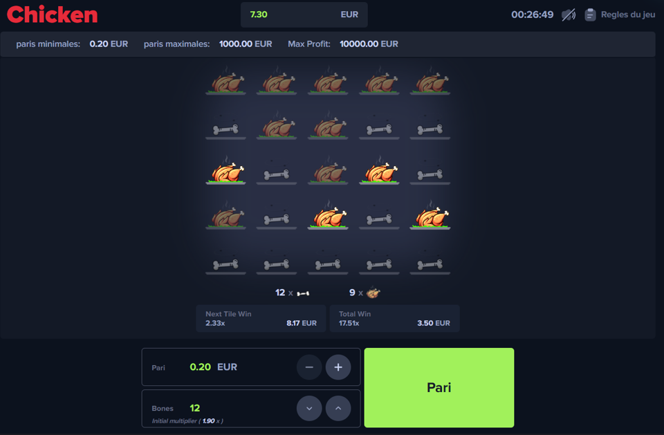 Jeu du Poulet Casino - Interface du mini-jeu Chicken sur MyStake