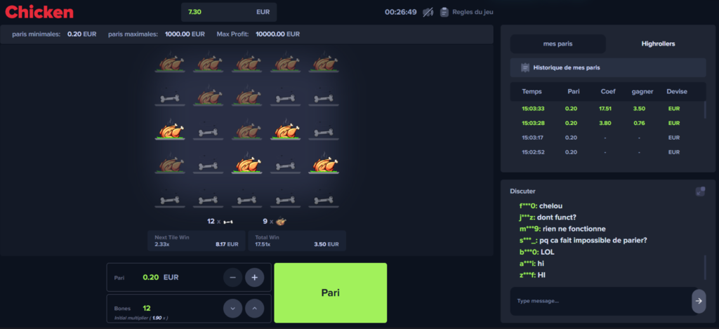Interface affichage des gains du jeu du poulet casino sur MyStake